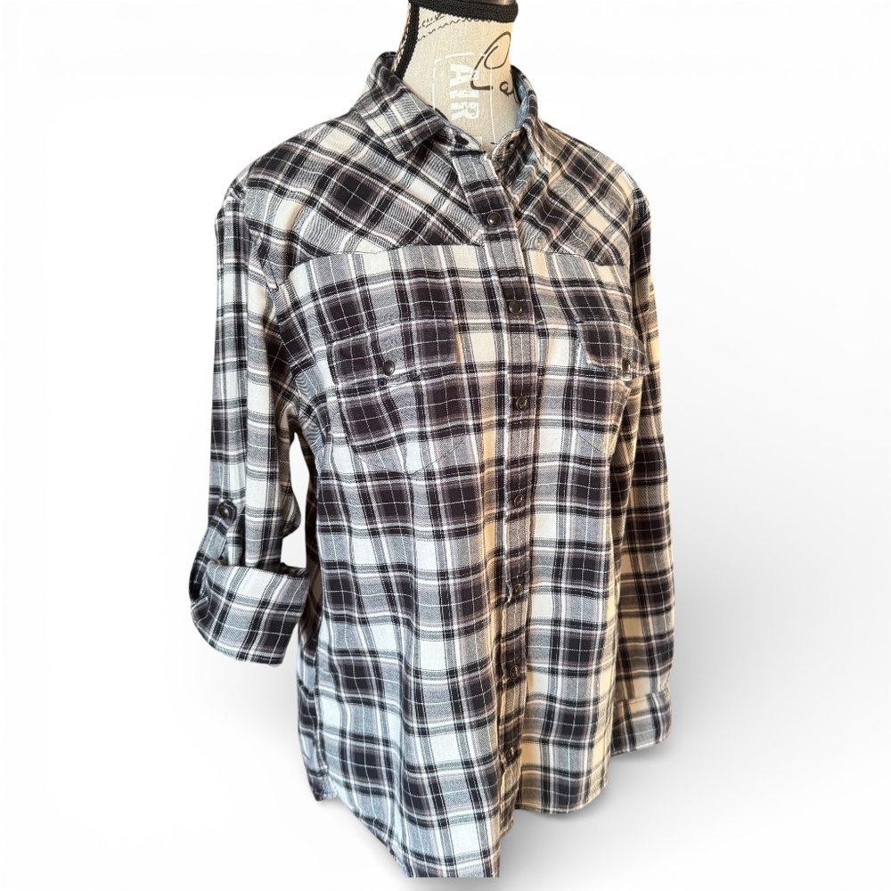 JACHS GIRLFRIEND Plaid flannel button-down shirt black white size M - Picture 1 of 13